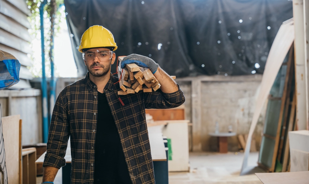 Bauhelfer trägt Holzleisten auf einer Baustelle