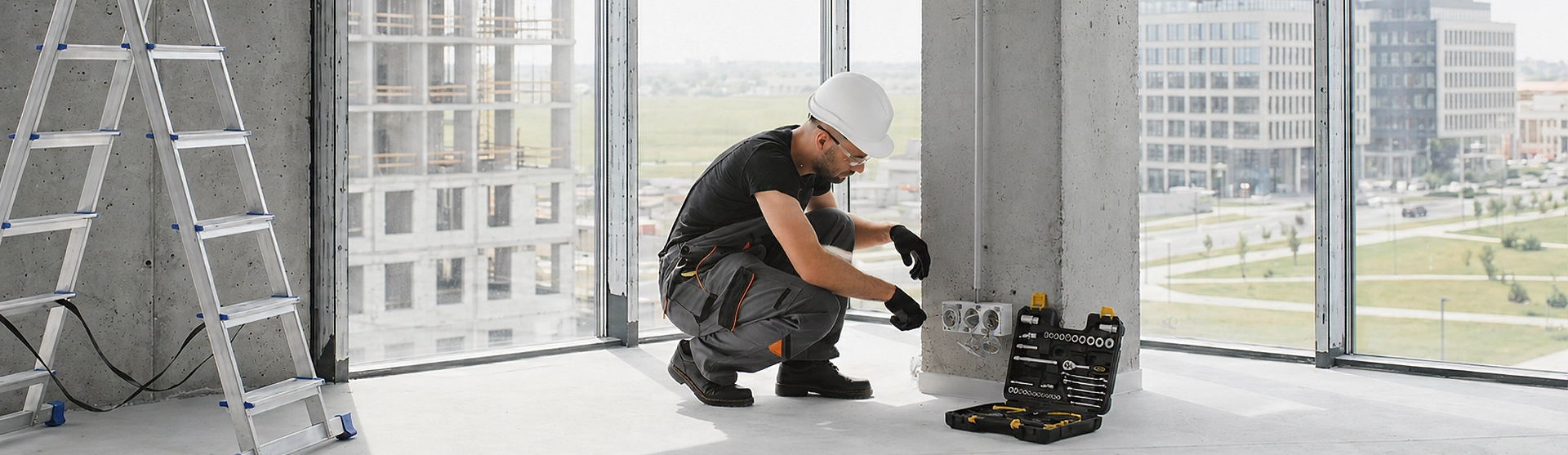 Maurer beim Bau einer Ziegelmauer auf einer Rohbau-Baustelle