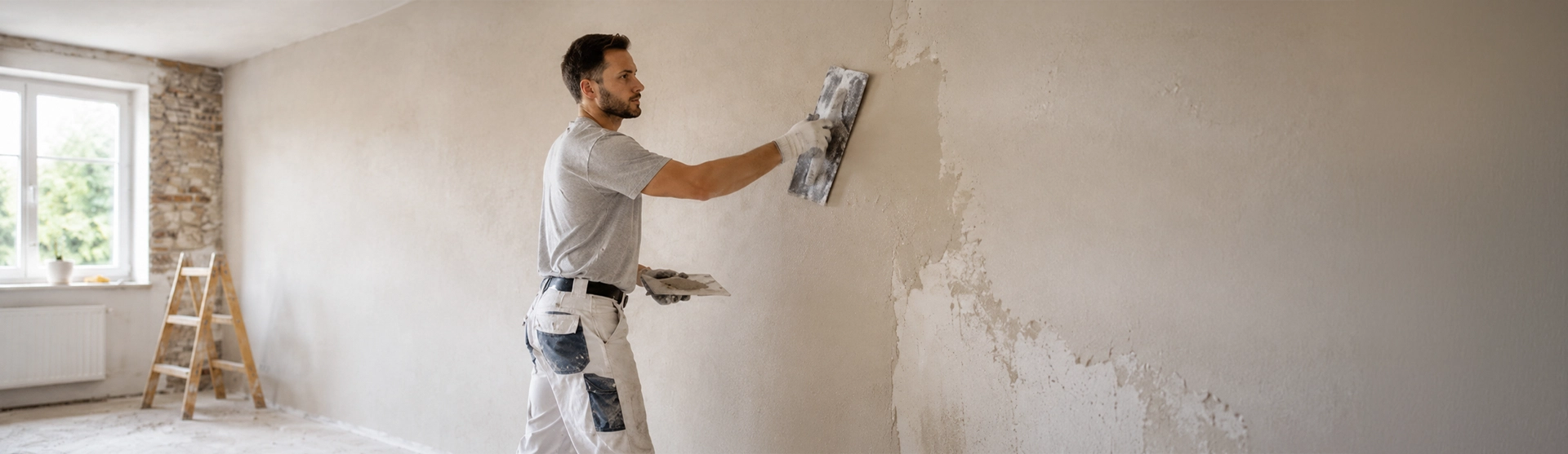 Maurer beim Bau einer Ziegelmauer auf einer Rohbau-Baustelle