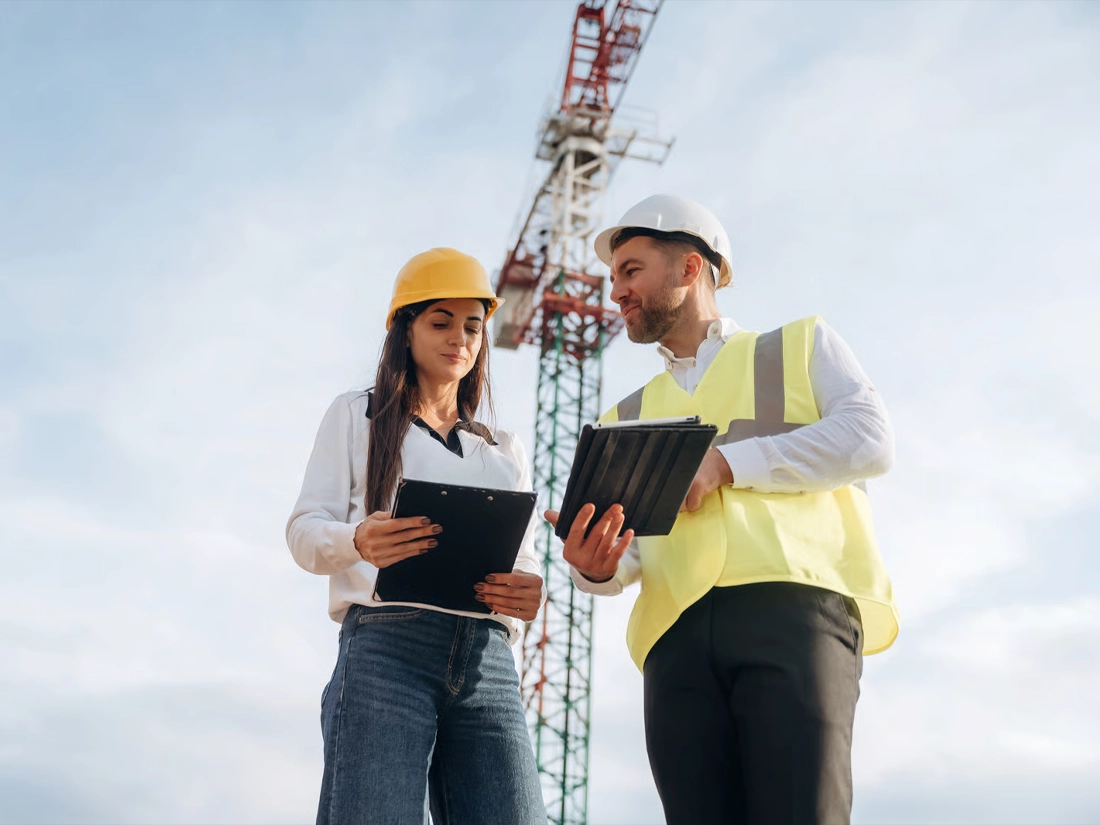 Zwei Bauleiter bei der Abstimmung für Subunternehmer auf einer Baustelle